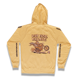 "Live Fast, Die Last" zip-up hoodie (Harvest Gold) artwork by: Burritobreath