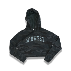 "Midwest" crop top hoodie (Black/Camo) - Silky Screens