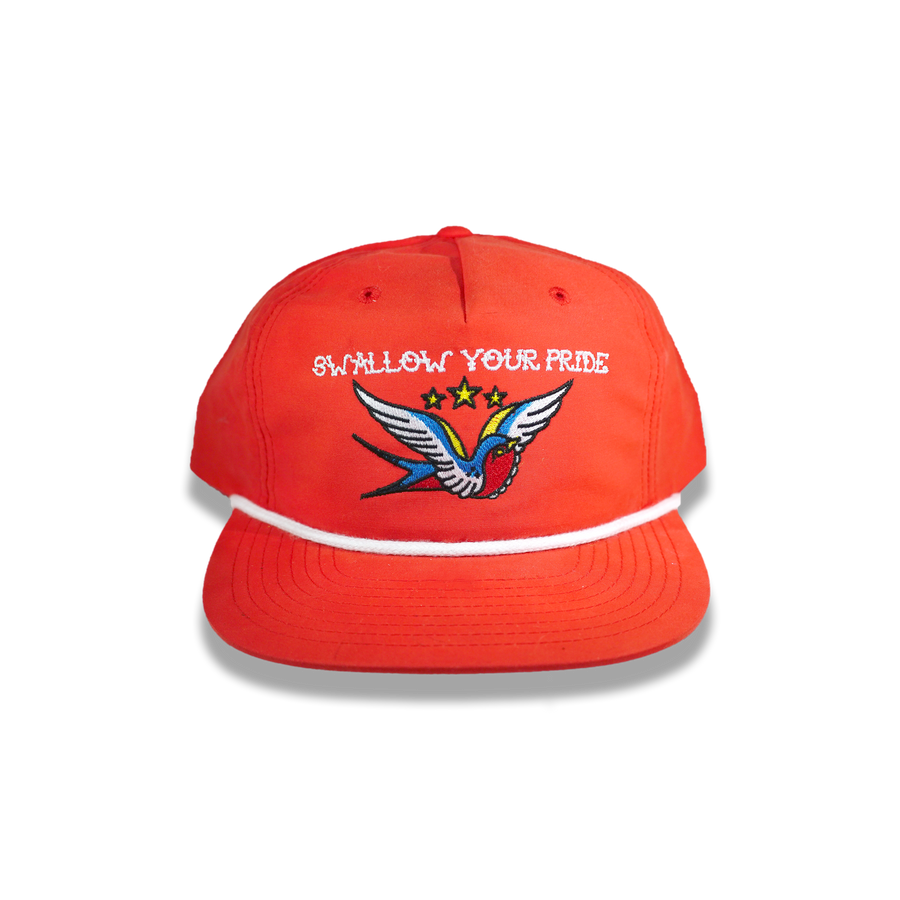 "Swallow Your Pride" Embroidered Umpqua Snapback (Red/White) - Silky Screens